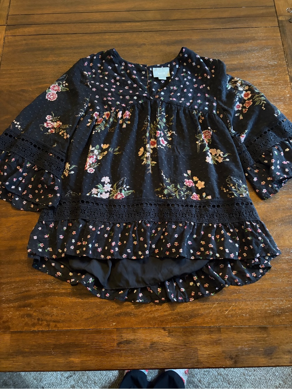 Anthropologie Maeve Black Floral Swiss Dot Lace Bell Sleeve Blouse Small